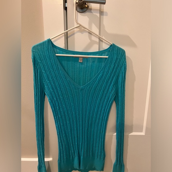 Old Navy Aqua V Neck Stretch Knit Pattern Sweater - Picture 1 of 3